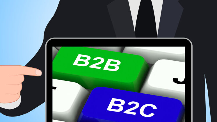 A keyboard with a green B2B button and a blue B2C button.
