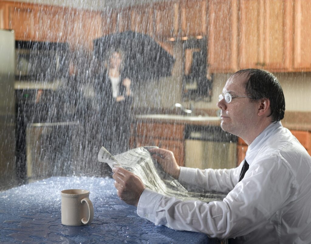 A man obliviously reads a newspaper in a kitchen while rain pours down on top of him; a woman watches from the counter with an umbrella, shocked he's not reading the air and see what's happening