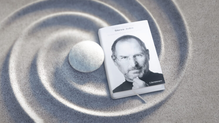Rock garden sand spiral with Steve Jobs book in the center to emulate the Zen influence on his design thinking mindset