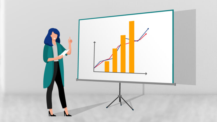 Woman stands beside a projected bar chart, giving a business presentation with logical persuasivness
