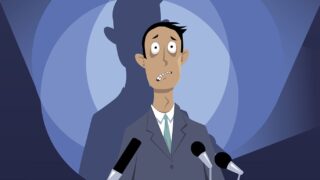 The 3 Worst Things to Say in a Presentation Illustration of a nervous man at a lectern unsure what to say in a presentation