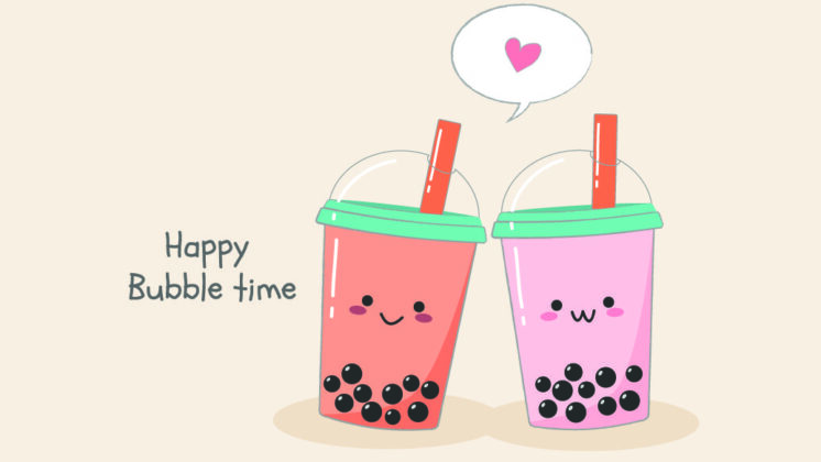 Cartoon bubble tea cups smile. They say 