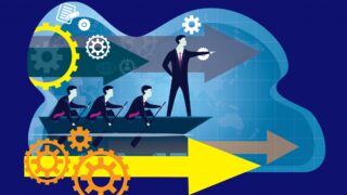 8 Ways to Achieve Augmented Leadership in the Digital Age An illustration of a businesspeople leading others above a big yellow arrow.