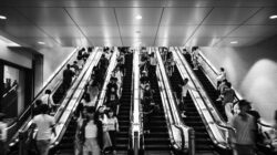 Black-and-white image of Japanese people riding escalators with strict etiquette to stand on the right side, observing a high-context culture