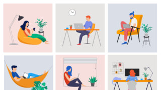 How to Overcome Distance When Managing Global Teams Six different people working from home at desks, chairs, or hammocks, managing global teams with virtual collaboration