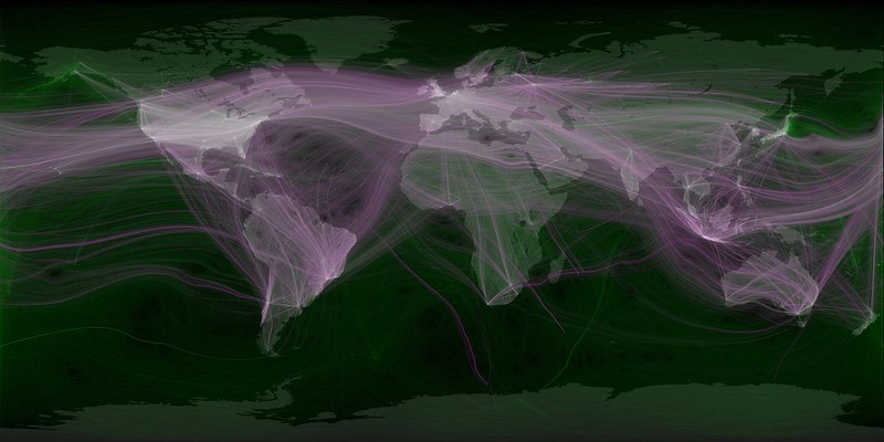 A map illustrating both global movement and Twitter replies between areas.