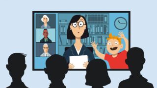 3 Principles for the New Age of Work-Life Integration Cartoon of working mother attending a business video conference with little son interrupting