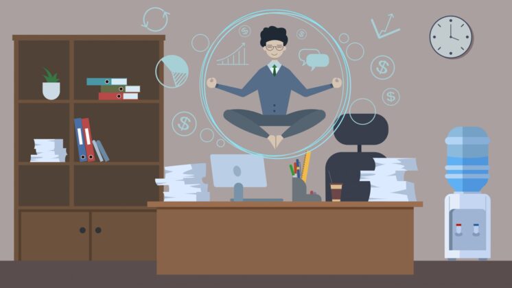 Illustration of a businessman hovering in a bubble over his desk as he meditates with office distractions around him