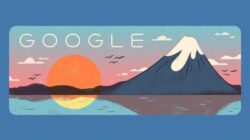 An illustrated Google Doodle for Japan's Mountain Day, showing the setting sun alongside Mount Fuji