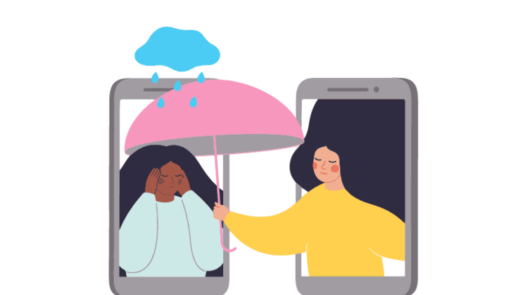 A woman extends an umbrella through a smartphone to cover the head of person under a raincloud.
