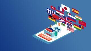 The Cross-Culture Competency Quiz: Are You Ready to Join the Global Community? Illustration of a man sitting on a smartphone looking up at a projection of cross-cultural flags