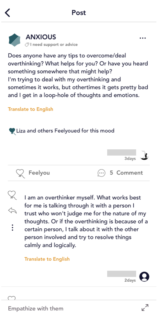 A Feelyou user is receiving advice about overthinking.