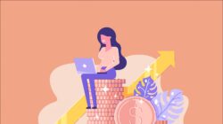Illustration of a woman managing her finances digitally as she sits on a pile of coins with an arrow rising in the background