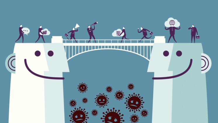 Illustration of two heads with a bridge between and businesspeople crossing with various items representing communication and mindfulness, with coronavirus falling below the bridge