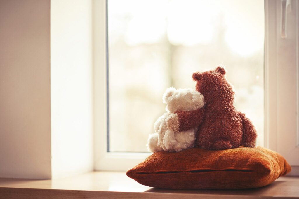 Two teddy bears looking through a window, the bigger one with its arm around the smaller