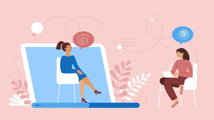 Illustration of two women speaking virtually, one on a laptop as a business mentor, the other casually dressed from home