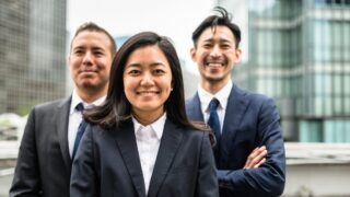 5 Ways to Be an Ally in the Workplace A woman stands in front of two men. All three face the camera, smile, and are wearing business attire.