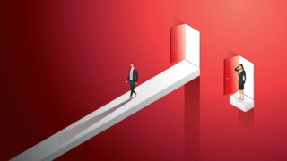 How to Solve the Problem of Gender Inequality in Japan Illustration of a red void with a man walking along a path in the air and a woman stuck with no path, representing gender inequality