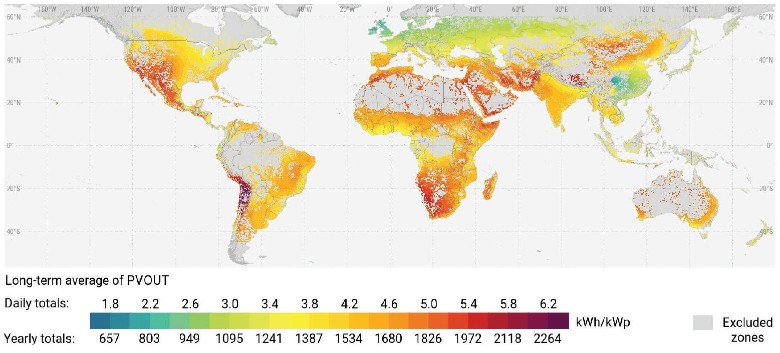 Map showing the daily sun totals and ideal areas for solar panels globally