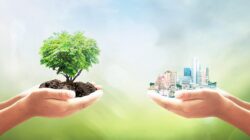 Two human hands, one holding a tree, the other a big city over blurred nature background, representing SDGs