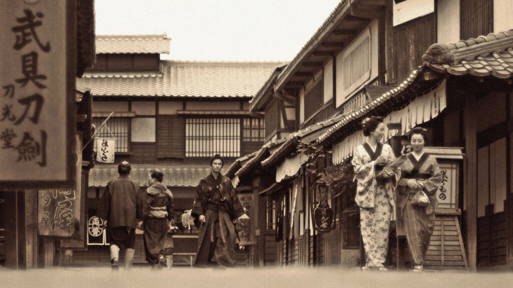 Old photograph of Japanese town with shops that defied the business life cycle