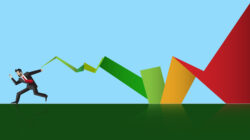 A businessman running over a green field pulling a graph-like line behind him that gradually turns green, showing how the C-suite should care about sustainability