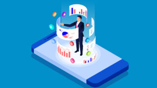 True or False: You’re Ready for a Digital Marketing Future Illustration of a man standing on a smartphone with digital marketing panels swirling around him