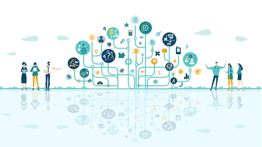 Business people talking next to tech tree, made of icons and communication symbols