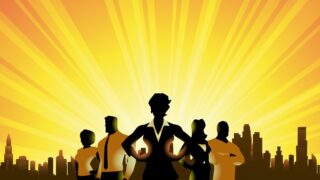 Why Women Must Be Excellent to Promote Diversity Illustration of a woman standing strong before a group of business leaders with a cityscape in the background, wielding her unique power to promote diversity by being excellent