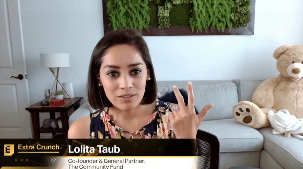 Lolita Taub at TechCrunch Disrupt 2021, listing the 3 elements that community-driven companies have in common