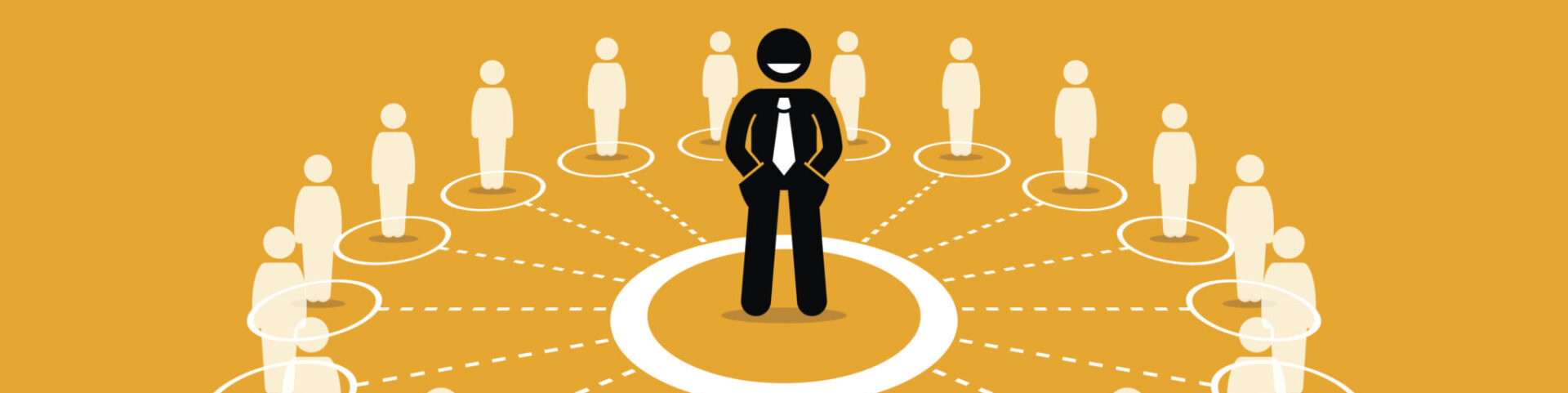 A businessman stands among an evenly distributed workforce on a gold background