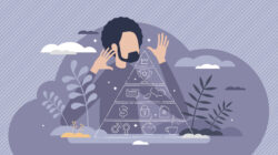 Illustration of a man observing Maslow's Hierarchy of Needs with various icons in the pyramid