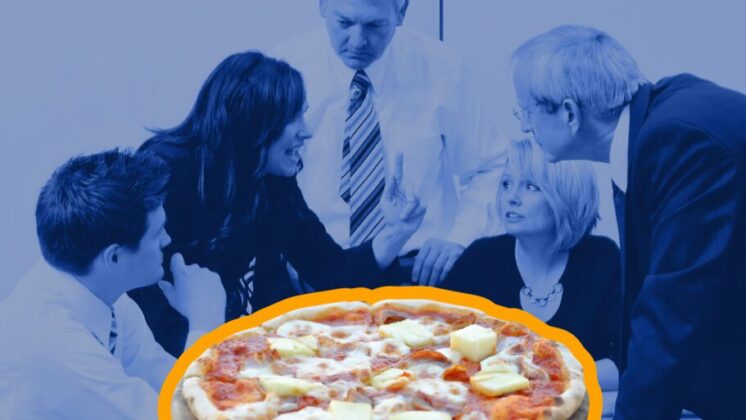 Office workers use principled negotiation to choose a pizza topping.