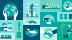 Various scenes of sustainability encompassing agriculture, energy, smart cities, clean water, and waste
