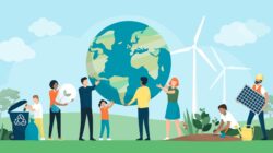 Multi-ethnic people working together to protect the environment and sustainability in the park: together they support the planet, recycle waste, grow plants and choose renewable energy resources