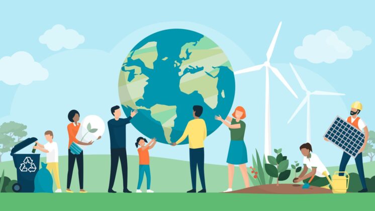 Multi-ethnic people working together to protect the environment and sustainability in the park: together they support the planet, recycle waste, grow plants and choose renewable energy resources