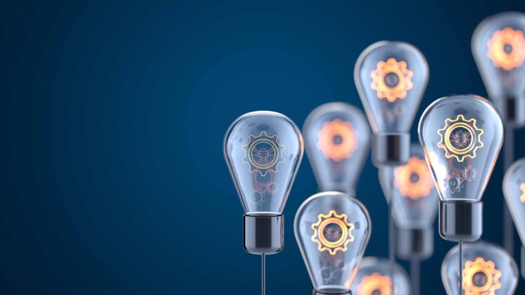 Lightbulbs with gears inside to represent innovation tech float on a blue background