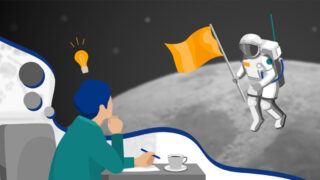 Moonshot Innovation: How to Lead Business Process Transformation A person at a desk dreams about an astronaut touching down on the moon thanks to an innovative mindset for business process transformation