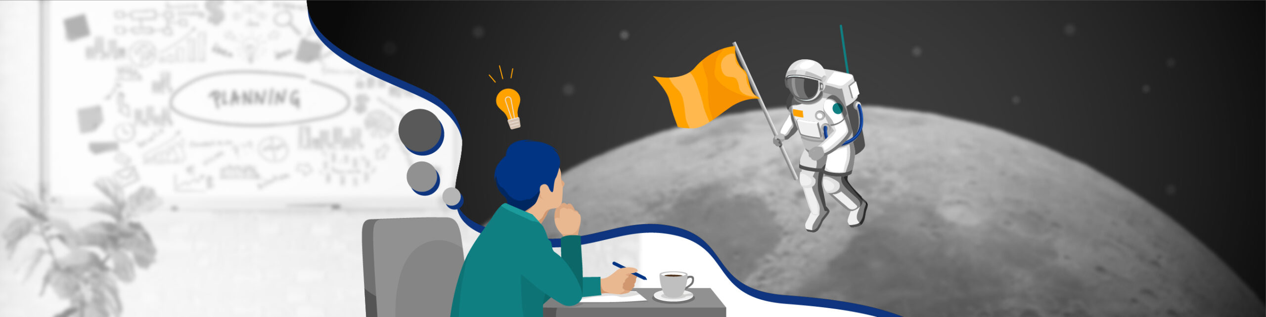 A person at a desk dreams about an astronaut touching down on the moon thanks to an innovative mindset for business process transformation