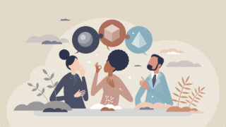 How to Develop Cultural Empathy for Better Teamwork Three people communicate with different shapes in speech bubbles over their heads, attempting cultural empathy for understanding