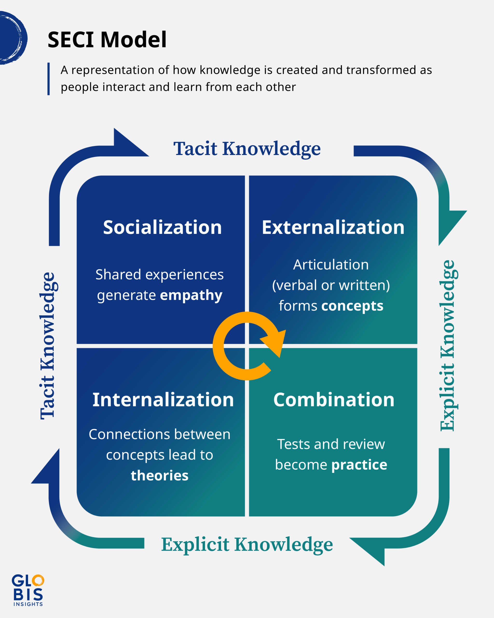 The SECI Model visualizes how knowledge is created and transformed as people interact, developing understanding and cultural empathy