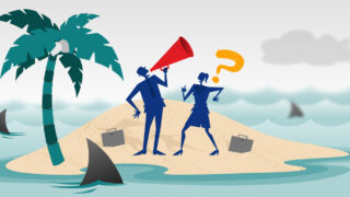 High- Vs. Low-Context Communication Survival Guide A businessman and businesswoman stand on a deserted island struggling to communicate with each other as sharks swim around them