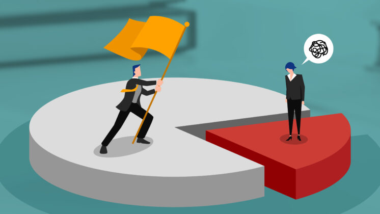 Graphic depicting a man claiming the large part of a pie chart with a flag while a woman gets a small portion due to gender bias in the workplace