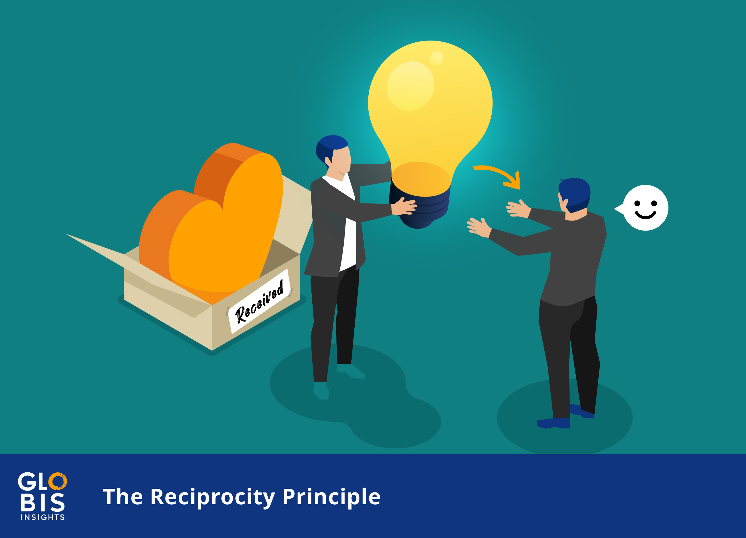 One man handing a lightbulb to another, representing the core philosophy of the reciprocity principle.