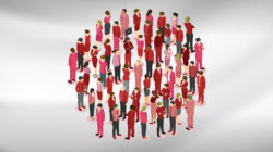 An infographic showing a group of people dressed in red, standing in a circle on a white background, representing the Japanese flag.