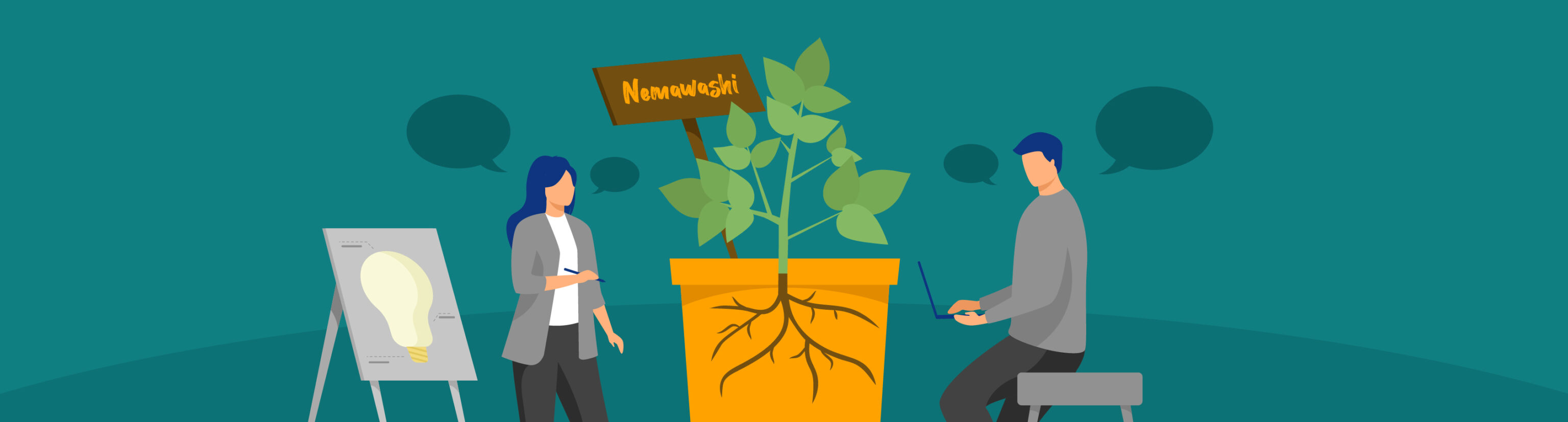 Graphic of two people having a discussion while roots grow in a plant pot between them