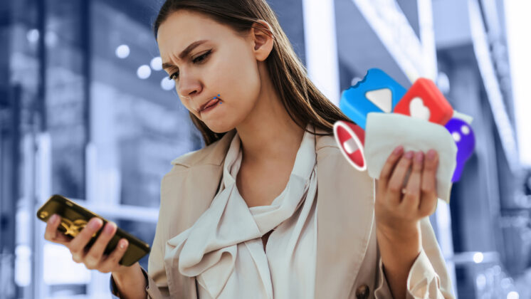 woman checking her phone and holding a snack made of social media icons