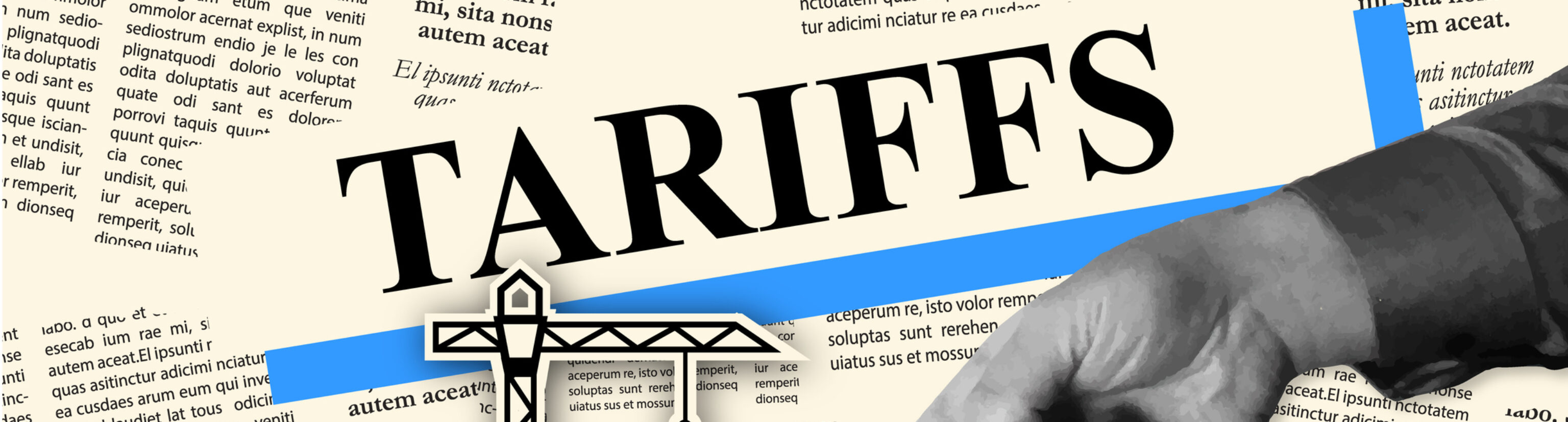 Vector illustration of a Tariff trade war news concept with container ship and newspaper headline with human hand pointing. Includes editable vector eps and high resolution jpg in download. All fonts outlined or expanded.