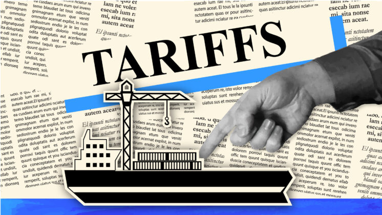 Vector illustration of a Tariff trade war news concept with container ship and newspaper headline with human hand pointing. Includes editable vector eps and high resolution jpg in download. All fonts outlined or expanded.
