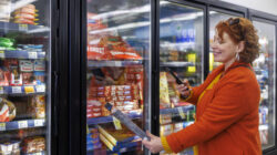 Smiling mature Caucasian woman in bright orange coat, using her smartphone to scan the label of a frozen food item in supermarket freezer section.
